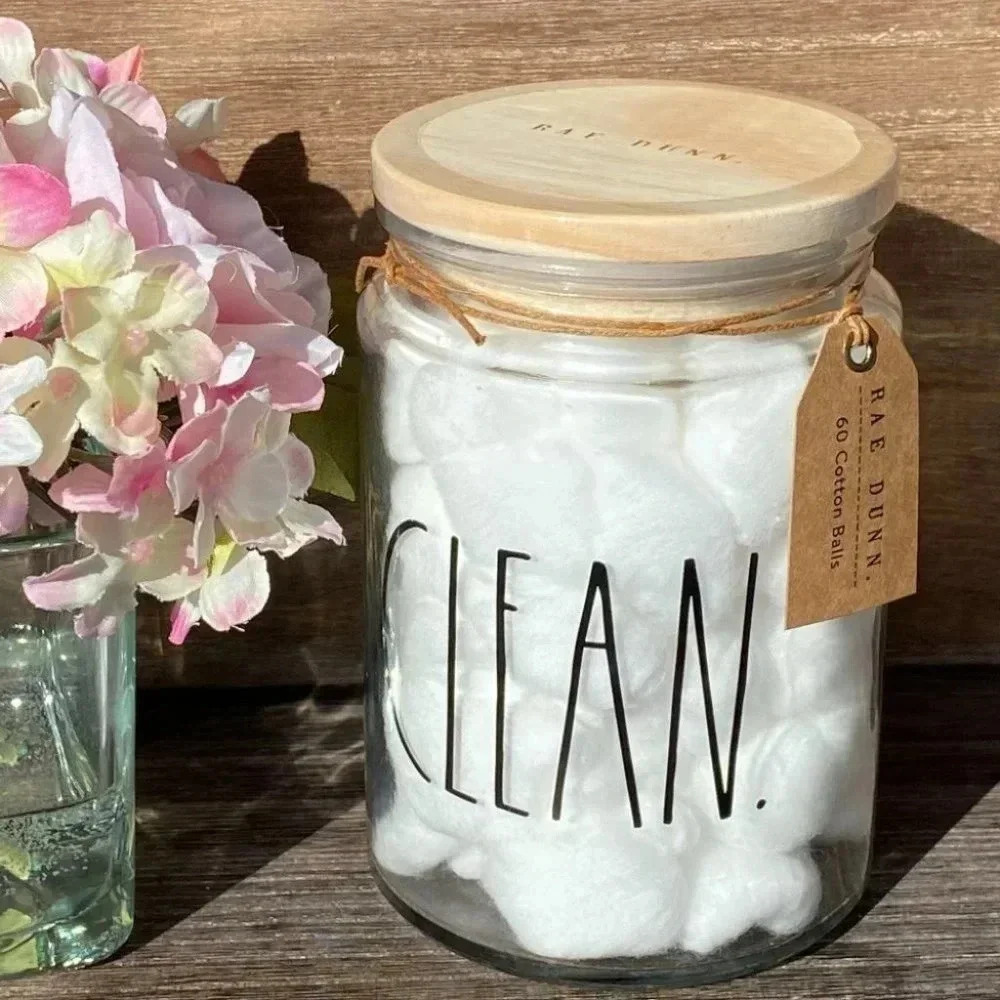 NEW Rae Dunn CLEAN (reusable) Glass Jar with 60 Cotton Balls & cute wood lid